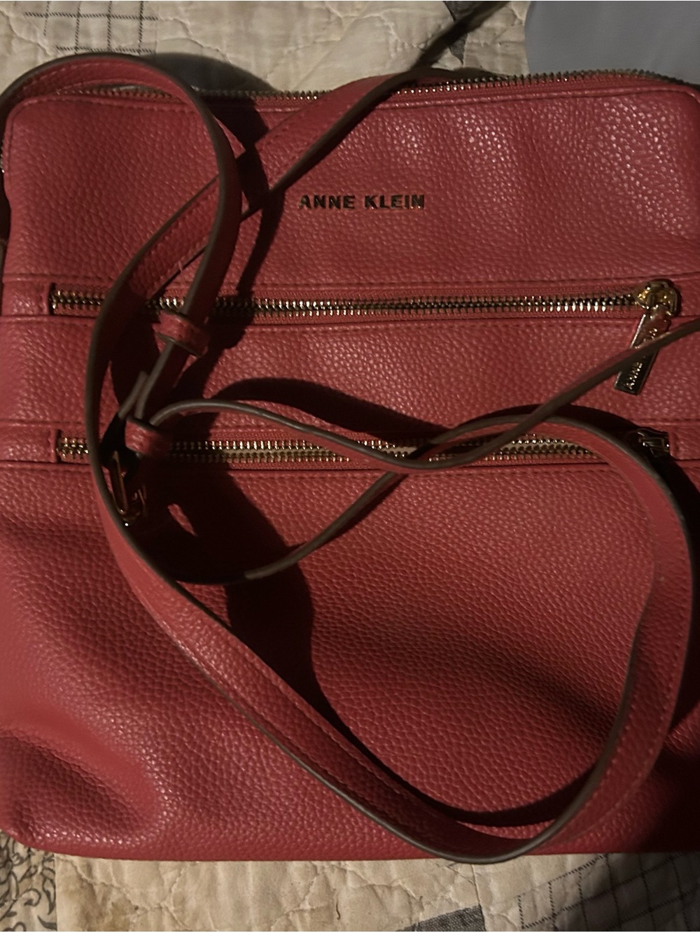 Anne Klein Rose-Red Pebbled Crossbody with Gold Hardware - Picture 3 of 3